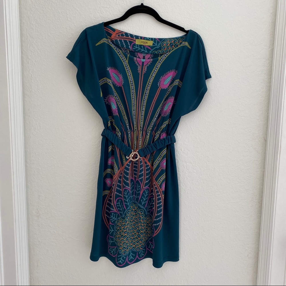 Orion London peacock belted waist dress cap sleeve  teal color